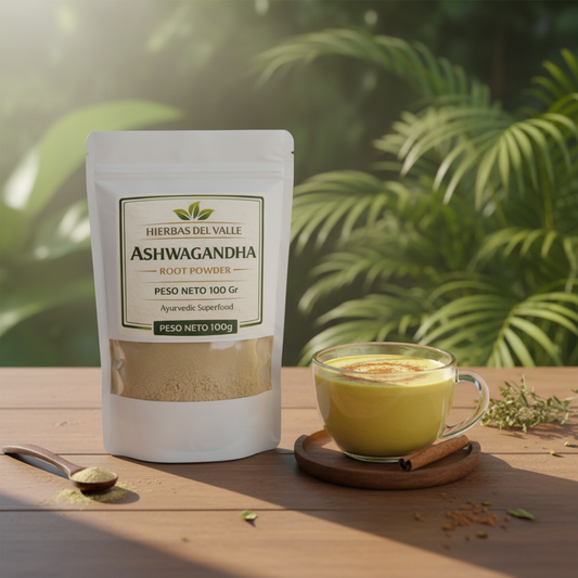 Ashwagandha en Polvo 100g - Bolsa blanca con taza de golden milk - Hierbas del Valle