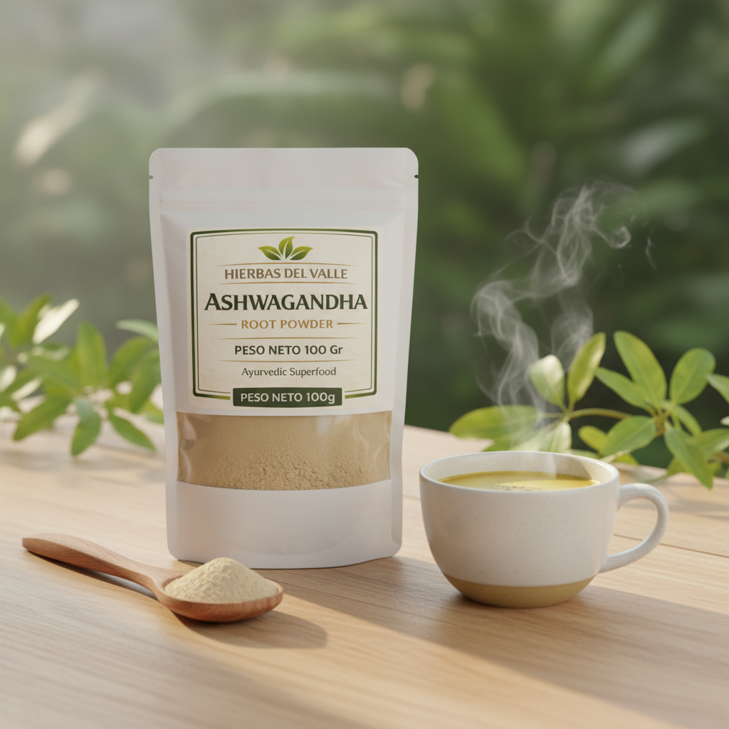 Ashwagandha en Polvo - Lifestyle con cuchara y taza - Hierbas del Valle