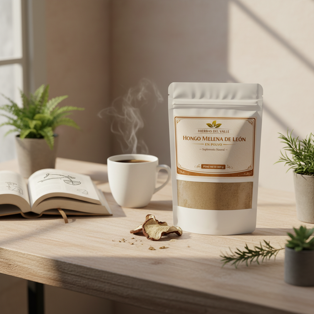 Melena de León en Polvo 100g - Lifestyle con libro y café - Hierbas del Valle