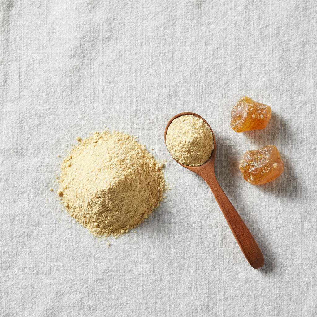 Boswellia Orgánica en Polvo - Flat lay con resina seca
