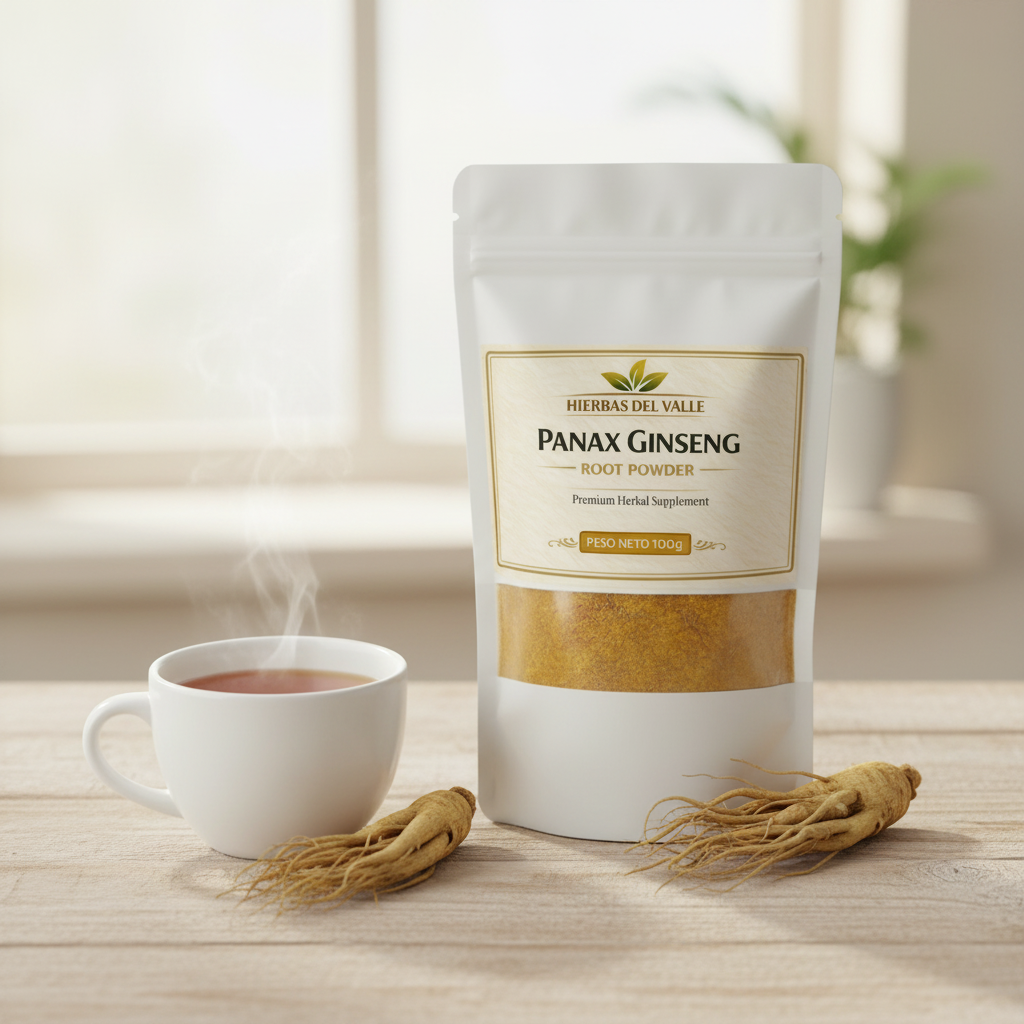 Ginseng Panax en Polvo 100g - Lifestyle con taza y raíces - Hierbas del Valle