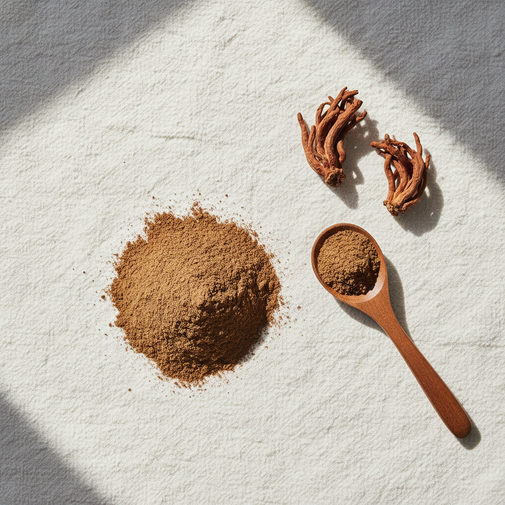 Cordyceps en Polvo - Flat lay con hongos secos