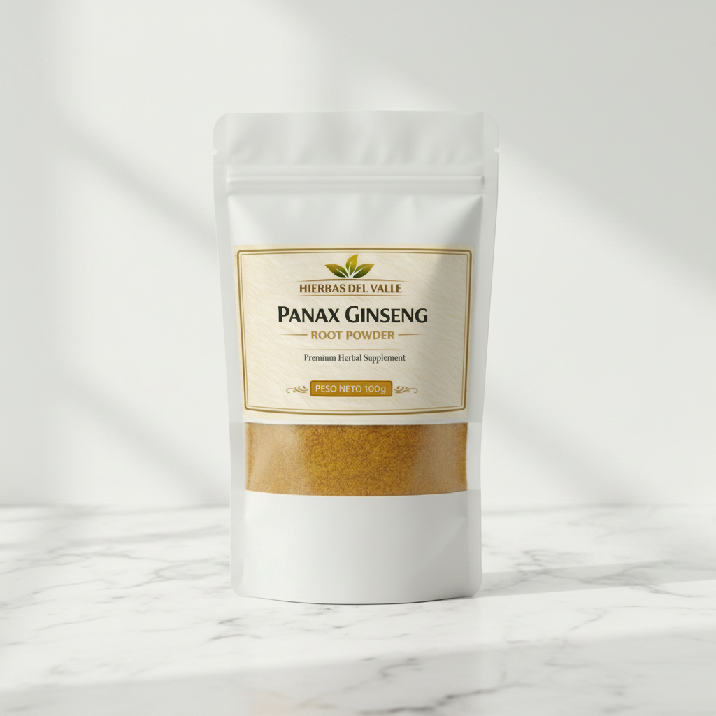 Ginseng Panax en Polvo 100g - Bolsa con etiqueta, fondo mármol - Hierbas del Valle