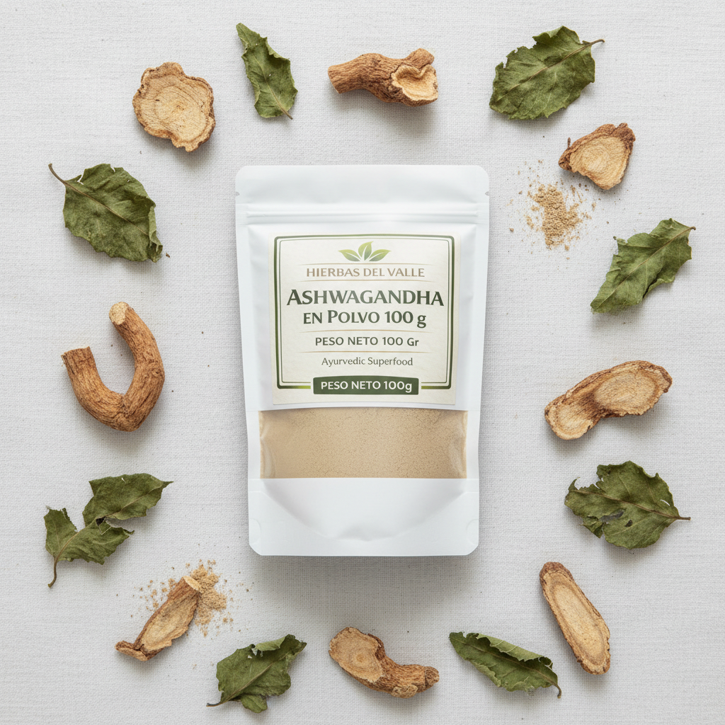 Ashwagandha en Polvo 100g - Flat lay con raíces y hojas - Hierbas del Valle