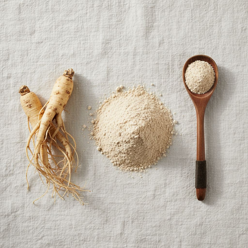 Ginseng Panax en Polvo - Flat lay con raíces secas