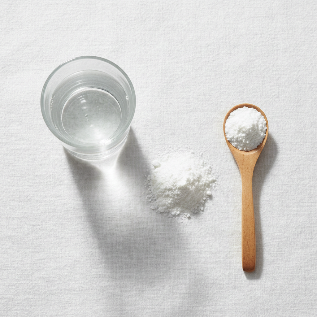 Taurina en Polvo - Flat lay con vaso de agua