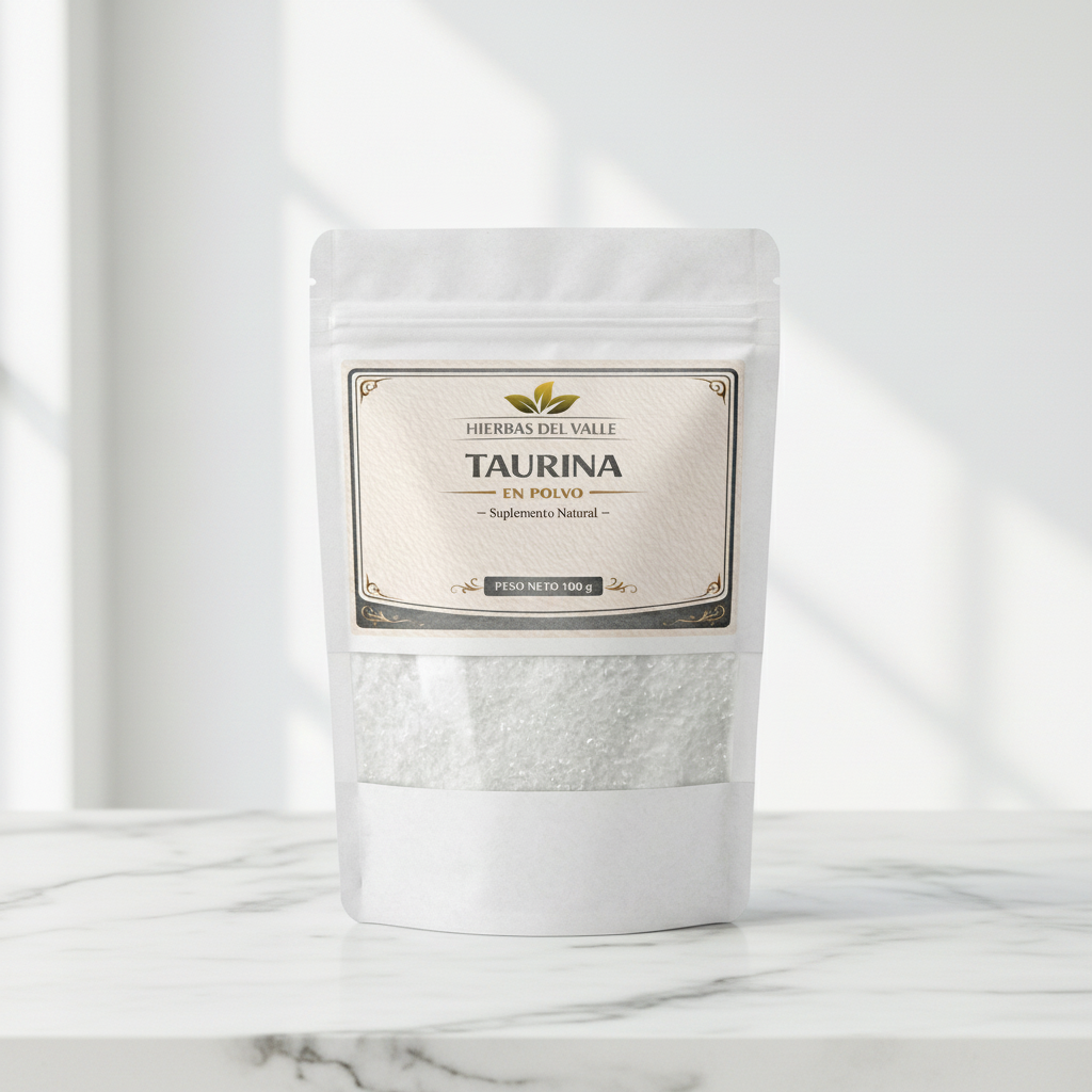 Taurina en Polvo 100g - Bolsa con etiqueta, fondo mármol - Hierbas del Valle