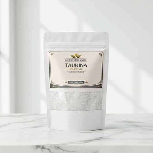 Taurina en Polvo 100g - Bolsa con etiqueta, fondo mármol - Hierbas del Valle